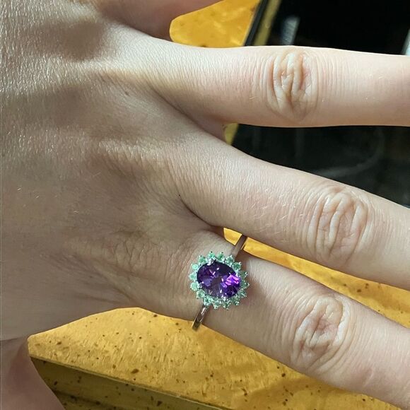 Moroccan Amethyst Tsavorite Garnet Sterling Silver Halo Ring Size 10 - Picture 3 of 8
